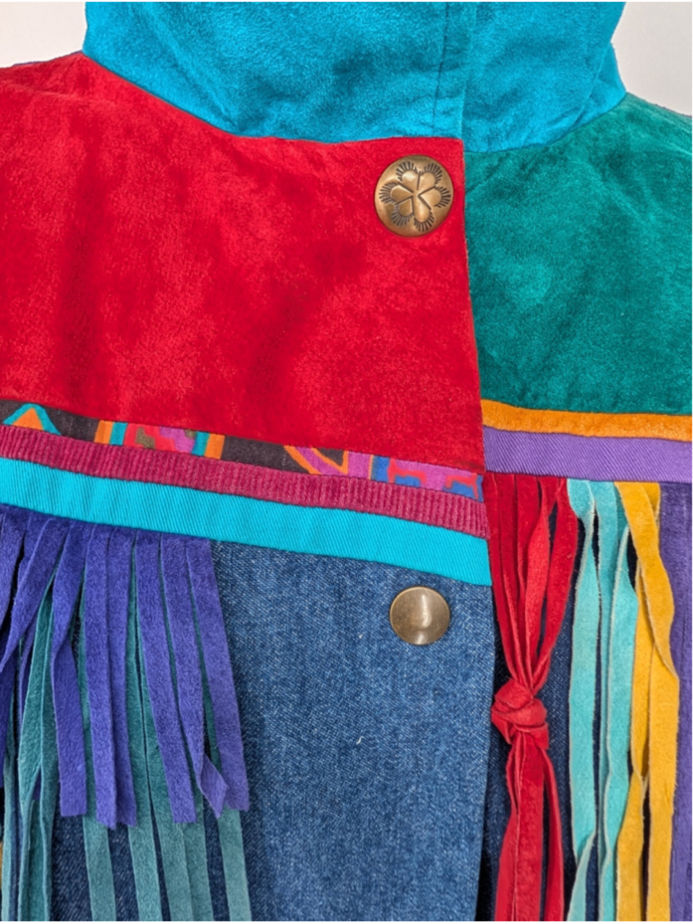 Vtg 90s Santa Fe Re-Creations L Mixed-Media Denim Suede Fringe Patchwork Jacket - Picture 5 of 16